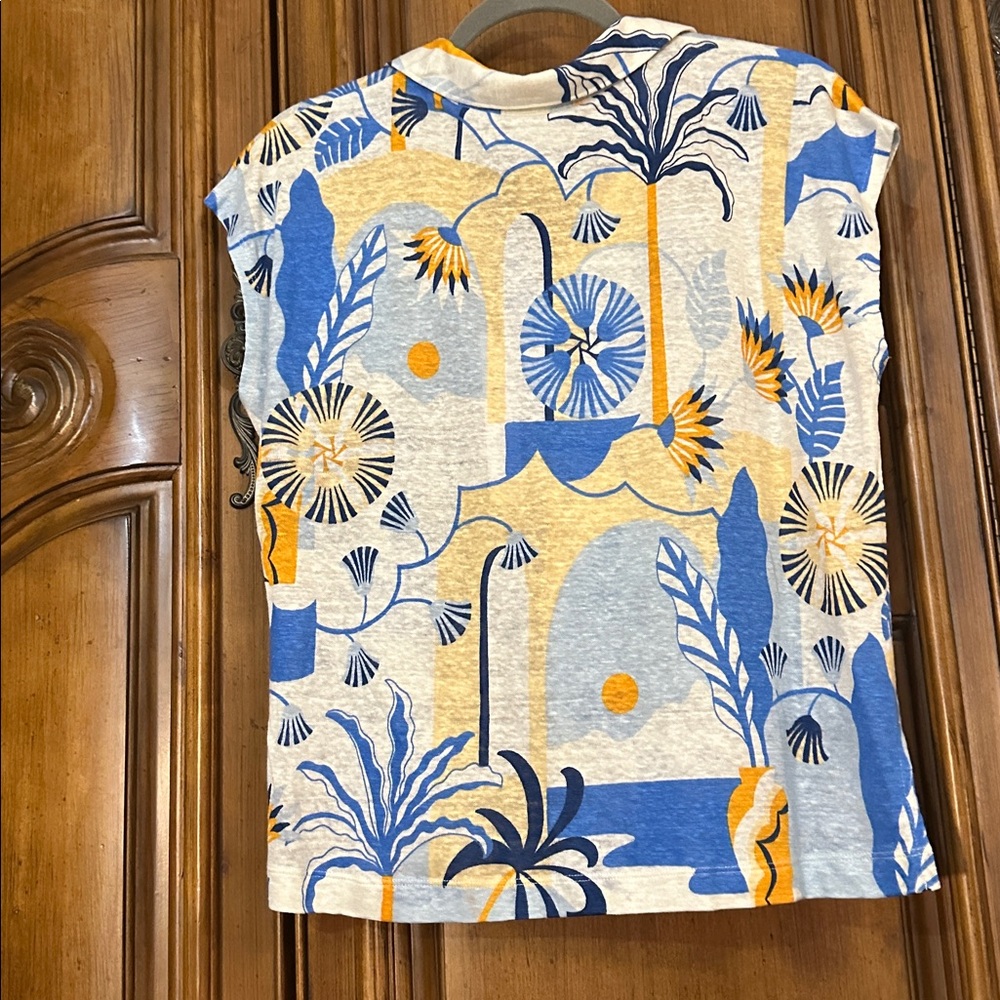 NEW Nicole Miller NewYork Linen Vibrant Blue Yellow Tropical Floral Print Shirt - Picture 6 of 6